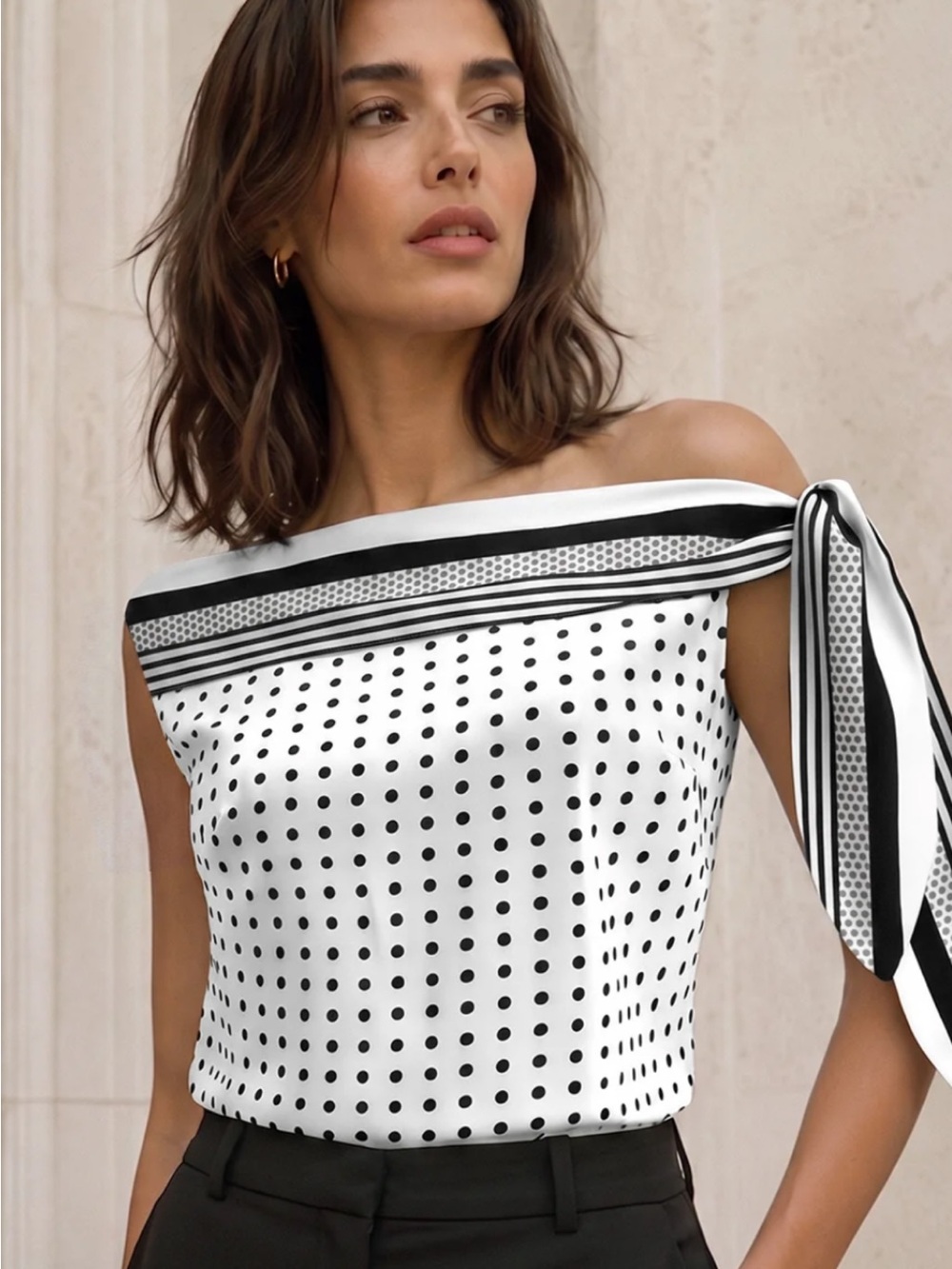 Commense White & Black Polka Dot One-Shoulder Tie Top